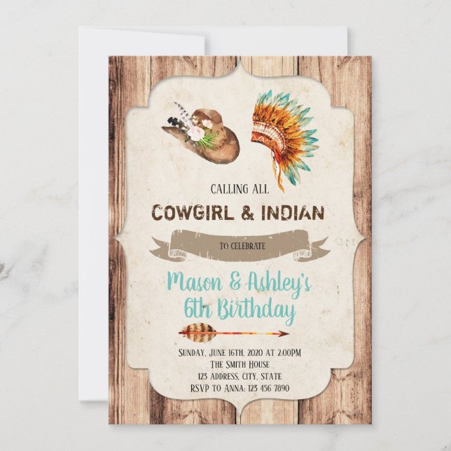 Cowgirls and Indians party invitation (Front)