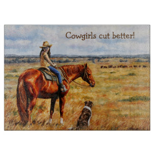 Cowgirls Cut Better! Young Cowgirl on Cattle Horse Cutting Board