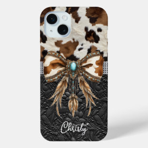 Cowhide Black Leather Jewel Bow iPhone 15 Mini Case