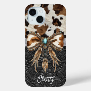 Cowhide Black Leather Jewel Bow iPhone 15 Case