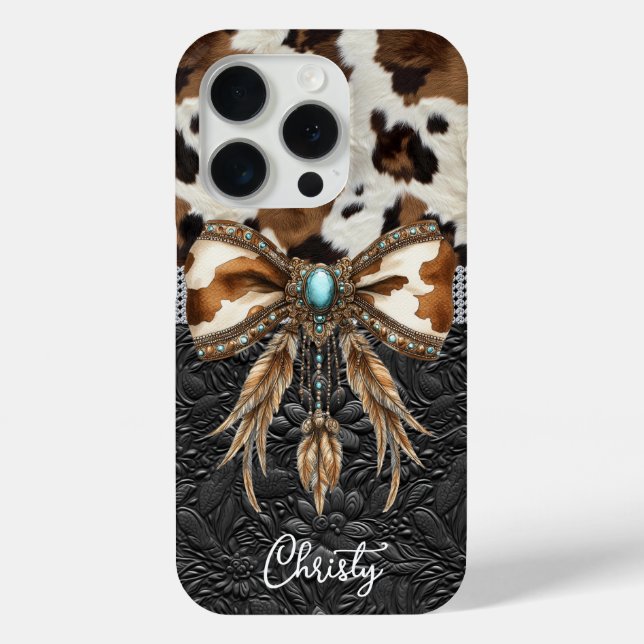 Cowhide Black Leather Jewel Bow Case-Mate iPhone Case (Back)