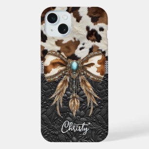 Cowhide Black Leather Jewel Bow iPhone 15 Plus Case