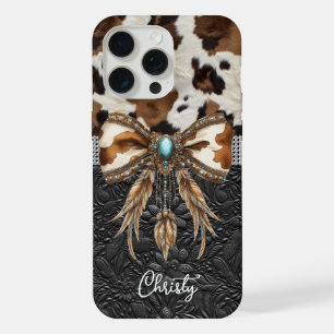 Cowhide Black Leather Jewel Bow iPhone 15 Pro Max Case
