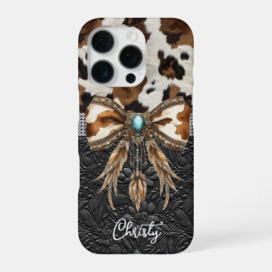 Cowhide Black Leather Jewel Bow iPhone 16 Pro Case