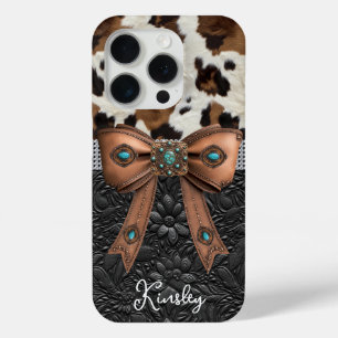 Cowhide Black Leather Jewelled Bow iPhone 15 Pro Case