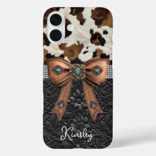 Cowhide Black Leather Jewelled Bow iPhone 16 Plus Case