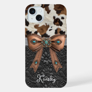 Cowhide Black Leather Jewelled Bow iPhone 15 Plus Case