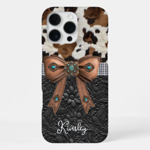 Cowhide Black Leather Jewelled Bow iPhone 16 Pro Max Case