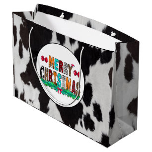 Cowhide Black White Merry Christmas Large Gift Bag