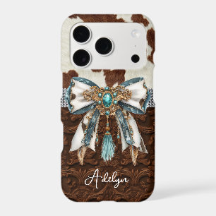 Cowhide Brown Leather Jewelled Bow