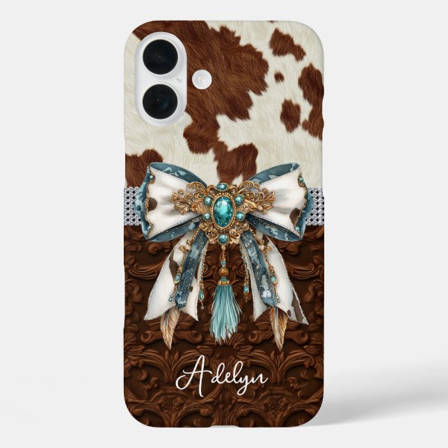 Cowhide Brown Leather Jewelled Bow Case-Mate iPhone Case (Back)