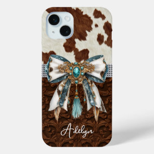 Cowhide Brown Leather Jewelled Bow iPhone 15 Mini Case