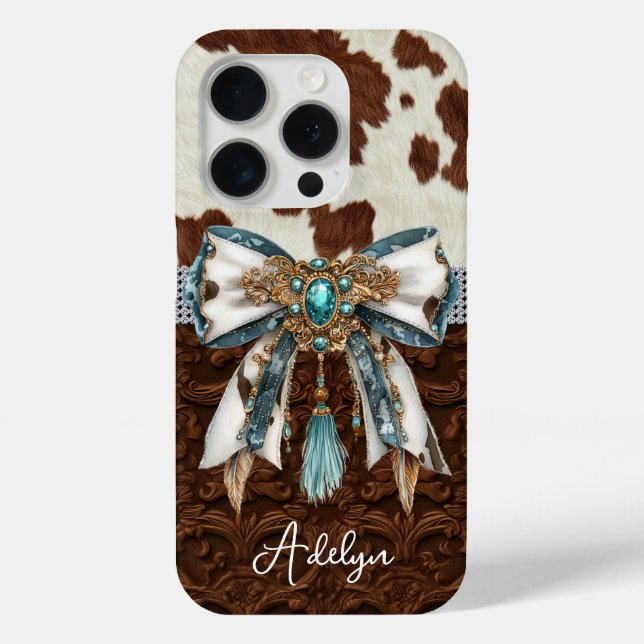 Cowhide Brown Leather Jewelled Bow Case-Mate iPhone Case (Back)