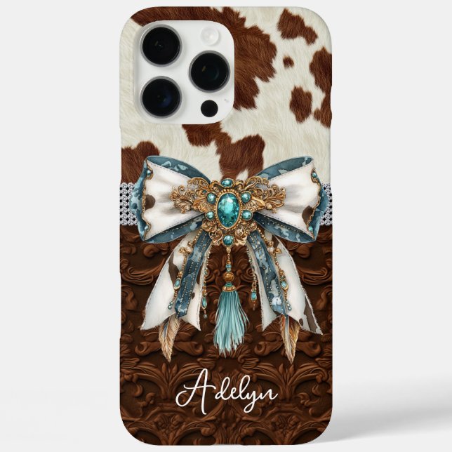 Cowhide Brown Leather Jewelled Bow Case-Mate iPhone Case (Back)