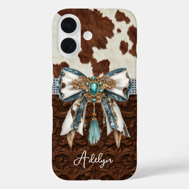 Cowhide Brown Leather Jewelled Bow Case-Mate iPhone Case (Back)