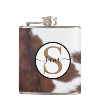 Cowhide Brown White Monogram Flash Drive Hip Flask