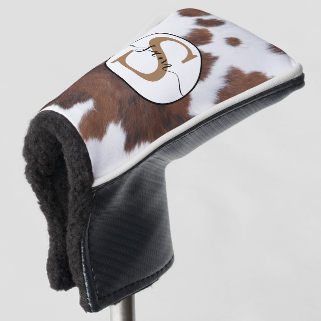 Cowhide Brown White Monogram  Golf Head Cover (3/4 Front)