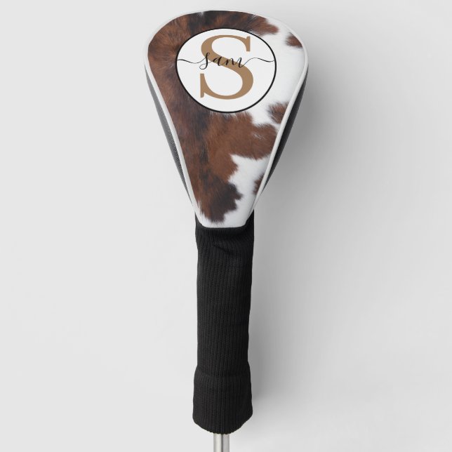 Cowhide Brown White Monogram   Golf Head Cover (Front)