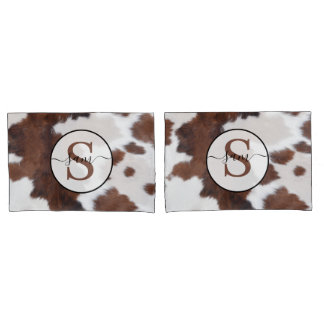 Cowhide Brown White Monogram  Pillowcase