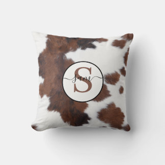 Cowhide Brown White Monogram Throw Pillow