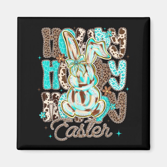 Cowhide Leopard Blue Turquoise Howdy Easter Rabbit Magnet (Front)