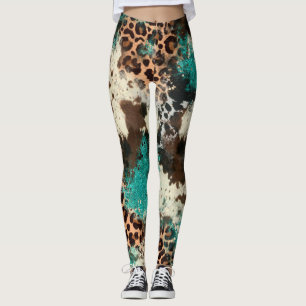 Cowhide Leopard Print Turquoise Women's Leggings