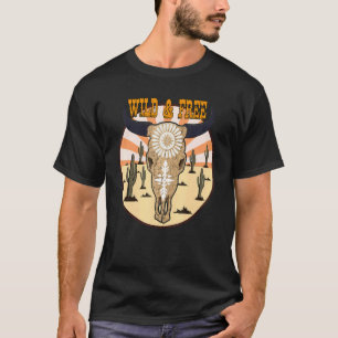 Cowhide Wild And Free Bull Skull Gemstone Western  T-Shirt