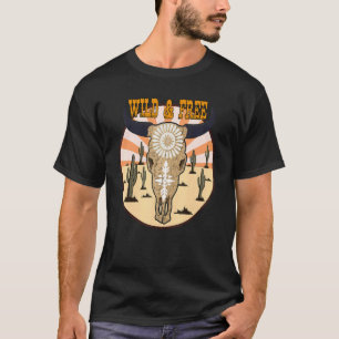 Cowhide Wild And Free Bull Skull Gemstone Western T-Shirt