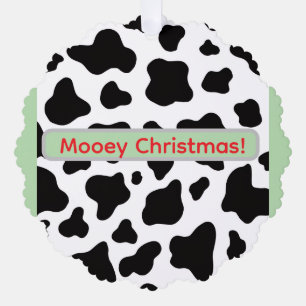 Cowhide with "Mooey Chriastmas" in red and red Tree Decoration Card