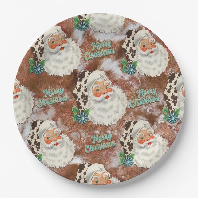 Cowprint Santa Merry Christmas paper plates (Front)