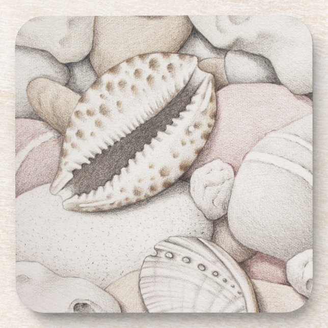Cowrie & Abalone Shells & Pebbles Plastic Coasters (Front)