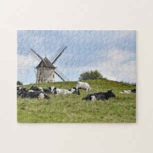 Cows Cattle Mill Windmill Farmland Pasture Jigsaw  Jigsaw Puzzle