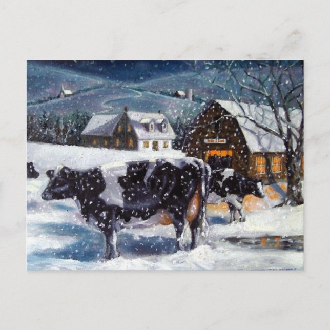 COWS: CHRISTMAS: SNOW: ART: HOLSTEIN HOLIDAY POSTCARD (Front)