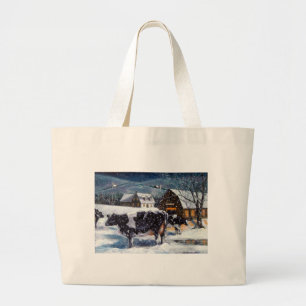 COWS: CHRISTMAS: SNOW: ART: HOLTEIN LARGE TOTE BAG