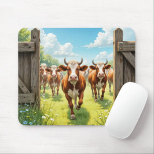 Cows Escaping Out of a Pasture Mouse Pad
