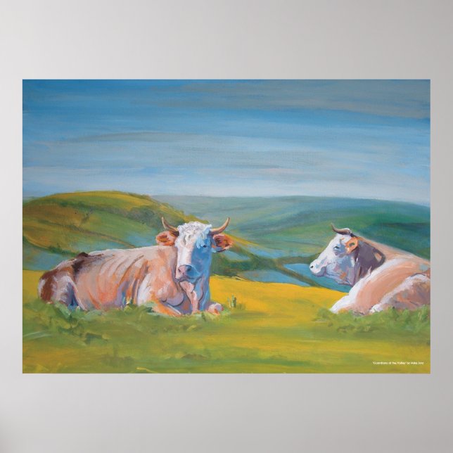 Cows lying down & Landscape Valley painting Poster (Front)