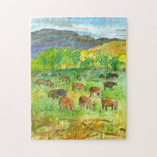 Cows Mountain Pasture Watercolor Jigsaw Puzzle