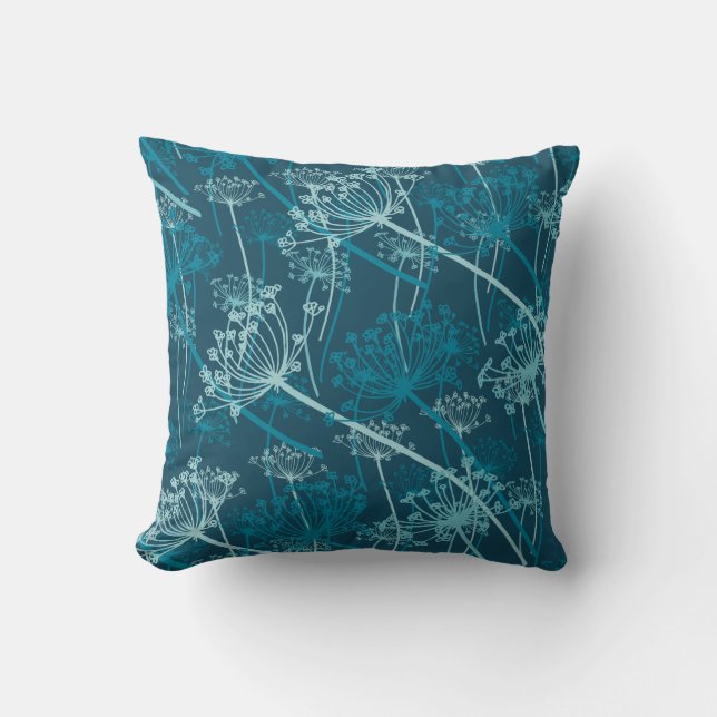 Cows parsley graphic aqua blue throw pillow (Front)