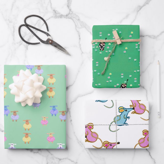 cows sheep lambs mice childrens wrapping paper sheet (Front)