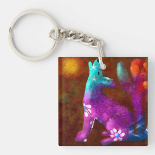 Coyote Abstract Art Saguaro Cactus Desert Brown Key Ring