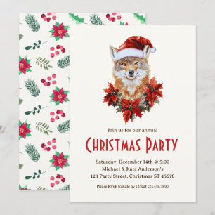Coyote in a Santa Hat Poinsettias Christmas Party Invitation