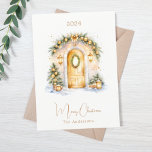 Coze home entrance door winter Christmas Holiday Card<br><div class="desc">White background,  snow outside and a cosy entrance door to a home.  Christmas decor.   Merry Christmas written with a trendy handlettered style script. 

Back: add your note and your names.</div>
