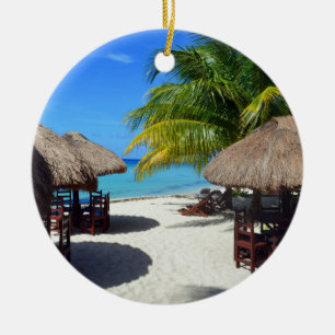 Cozumel Mexico Beach Hut Palm Tree Teal Water Vaca Ceramic Ornament