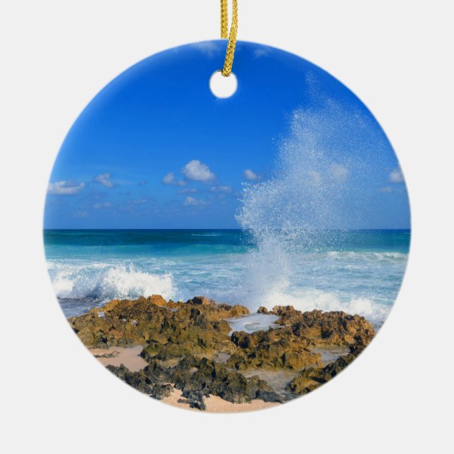 Cozumel Mexico Beach Wave Splash Water Spout Teal Ceramic Tree Decoration (Front)