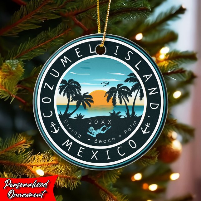 Cozumel Mexico Diving Retro Sunset Souvenir 80s Ceramic Ornament (Creator Uploaded)