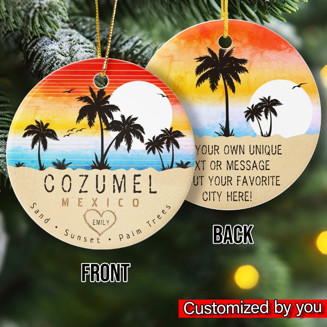 Cozumel Mexico Retro Sunset Palm tree Souvenir 60s Ceramic Ornament (Creator Uploaded)