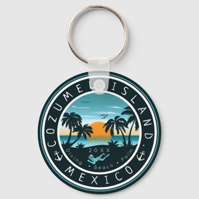 Cozumel Mexico Scuba Diving Sunset Souvenir 80s Key Ring (Front)