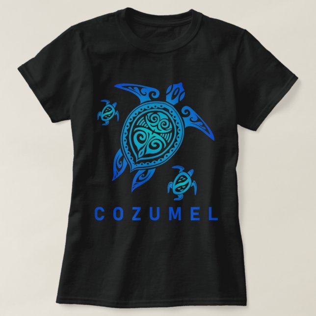 Cozumel Mexico  Sea Blue Tribal Turtle T-Shirt (Design Front)