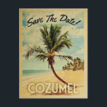 Cozumel Save The Date Vintage Beach Palm Tree Announcement Postcard<br><div class="desc">This neo vintage Cozumel Save The Date postcard boasts tons of charm with a cool retro mid-century style. Featuring a tropical palm tree on white sandy beach with a blue ocean and puffy clouds in a blue sky, your destination wedding will make everyone excited when they receive this vintage Cozumel...</div>