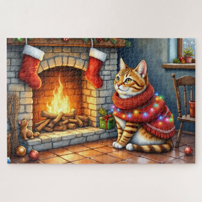 Cozy Abyssinian Cat by Fireplace Christmas Lights Jigsaw Puzzle (Horizontal)